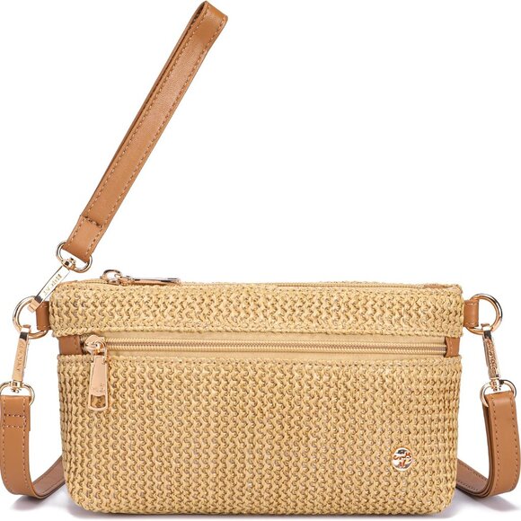 Khaki Straw Crossbody Bag with RFID, 3-in-1 Convertible Summer Purse - Picture 1 of 7